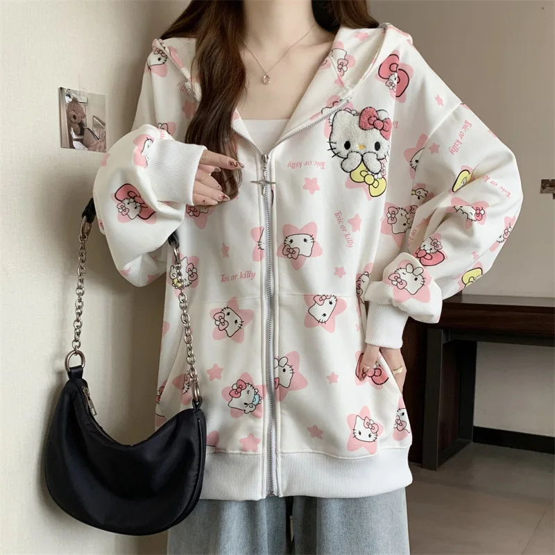 Cartoon Sanrio hello kitty printed sweatshirt jacket cute student cartoon printed cardigan hooded student girl loose jacket