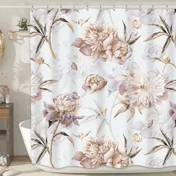 Peony Flower Printing Plant On White Background Odorless Shower Curtains For Bathroom Showers And Bathtubs Decor With Hooks