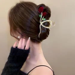 1PCS Fashion Grace Flocking Rose Flower Artificial Pearl Hair Claws for Women Girls Party Ponytail Hair Claw Hair Accessories