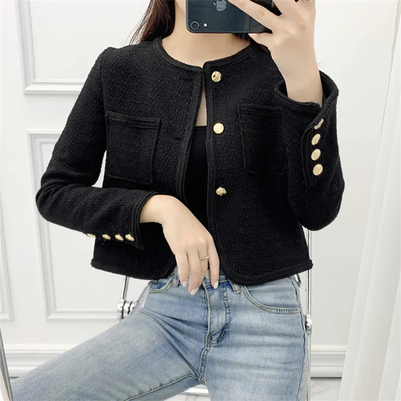 Runway New Autumn Korean Women\'s Clothes Luxury Chic Tweed Woolen Coat Retro O-Neck Long Sleeve Jacket Tops Outwear 2022 Female