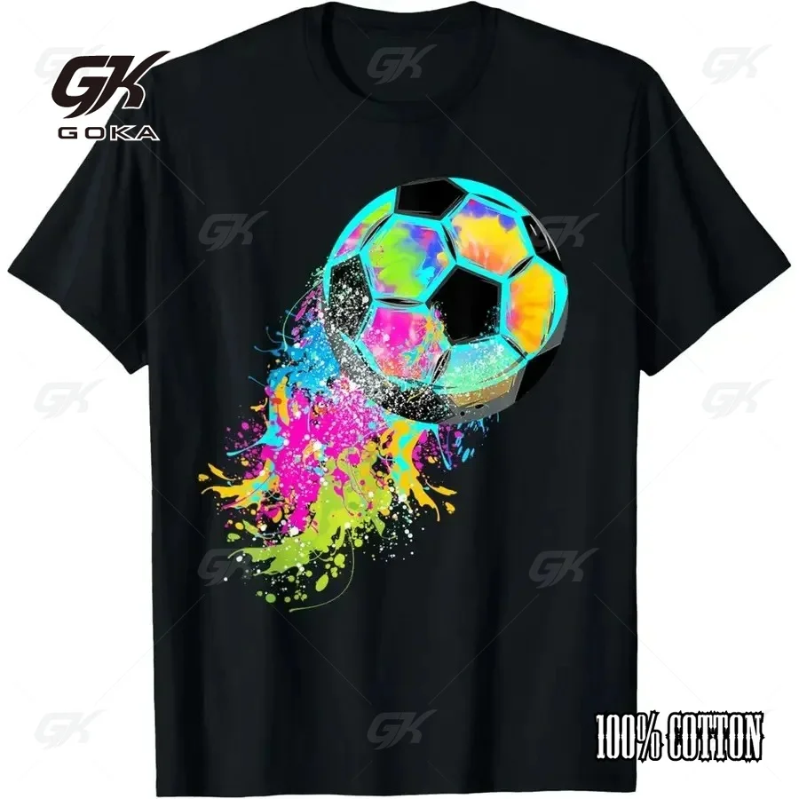 Colorful Tie-Dye Soccer Ball T-Shirt, Black Neon Paint Splatter Graphic Tee,Unisex Clothes  Vibrant Football Casual Streetwear