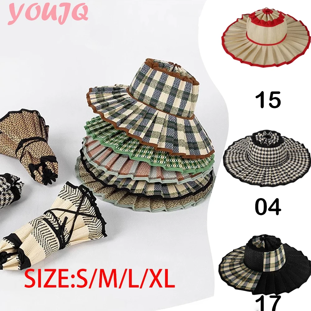 

S/M/L/XL Spring Summer Fashion Casual Plaid Wide Brim Sun Hats for Women Men Outdoor Sunshade Hat Foldable Straw Hat Gorras