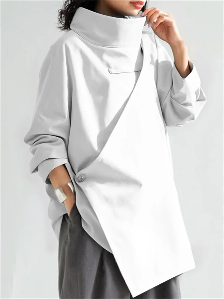 UOOZEE Top asimmetrici a collo alto da donna 2025 Nuova primavera maniche lunghe Moda Nero Colore bianco T-shirt casual allentate quotidiane