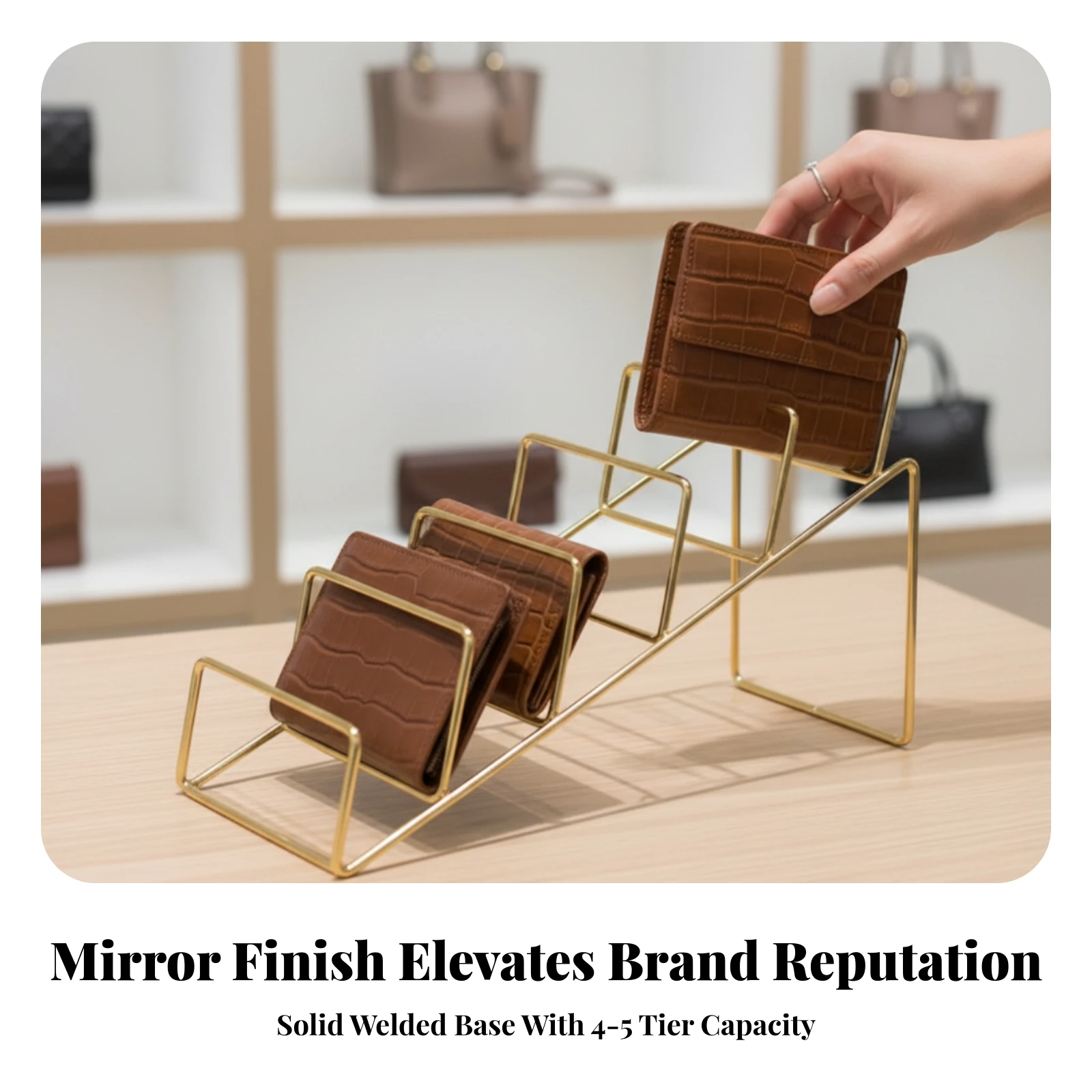Handbag Display Rack Stepped Wallet Display Rack Wallet Riser Stand Sturdy Purse Organizer Compact for Retailers, Retail Stores