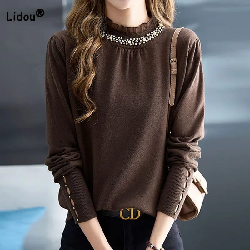 Autumn Winter Temperament Beading Spliced Sweaters for Female Fashion Loose Solid Color Long Sleeve Knitted Tops Women\'s Cloth