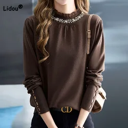 Autumn Winter Temperament Beading Spliced Sweaters for Female Fashion Loose Solid Color Long Sleeve Knitted Tops Women's Cloth