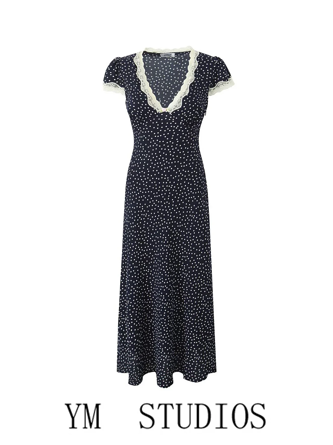 French Style Polka Dot Lace Splice Short Sleeve Deep V Neck Dress Women's A-Line Skirt Waist-Cinching Vintage Long Dress