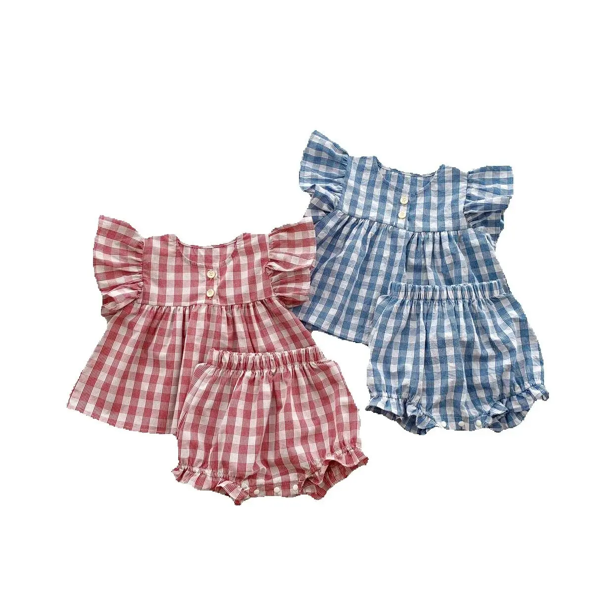 New Baby Clothing Set Summer Toddler Girls Suit Flying Sleeve Plaid Tees + Shorts Infant Sets for 0-2Y