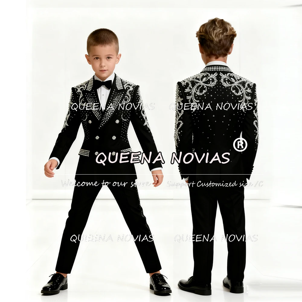 Trajes de lujo con piedras con cuentas para niño, Blazers de graduación con doble botonadura para boda, traje de fiesta Formal personalizado para niños, esmoquin de 2 piezas
