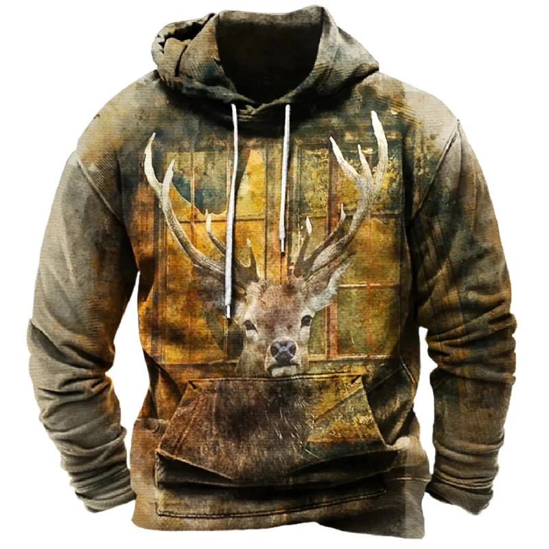 

Retro Men's Hooded Sweatshirt Deer 3D Print Long Sleeve Pullover Autumn Winter Fashion Street Oversized Casual Harajuku Clothes