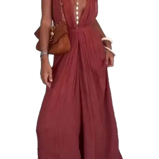 بدلة قفز طويلة مثيرة بفتحة رقبة شكل v عميقة بدلة نسائية أنيقة عالية الخصر بلون واحد موضة صيف 2026 بدلة لعب فضفاضة للحفلات