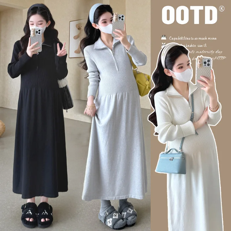 

2025 Pregnancy Maternity Dress Autumn Knit Sweater Dress Simple Chic Mid Long Length Lapel Casual Versatile Base Layer Dress