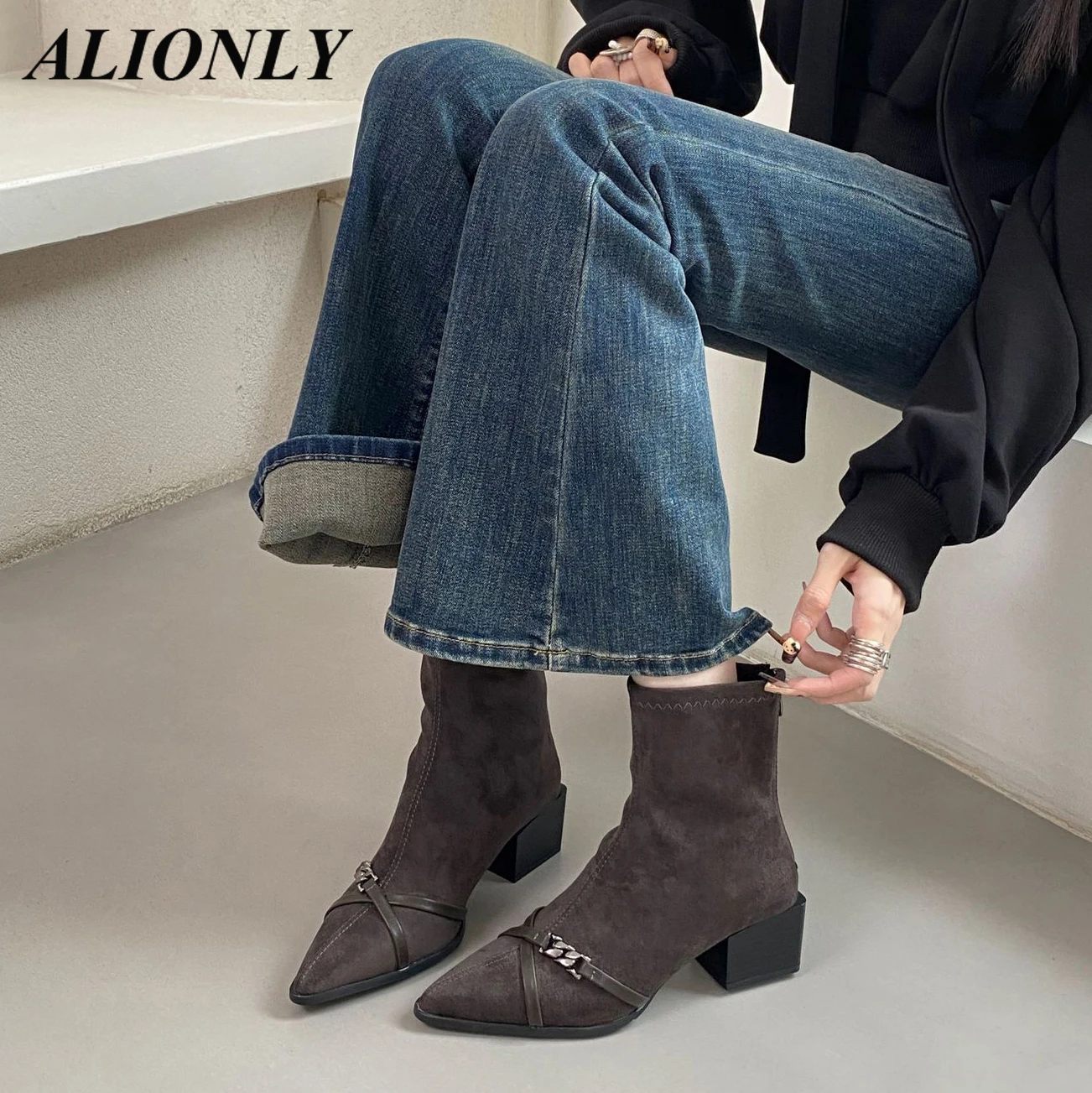

Alionly 2026 New Black Thin Heels Shoes Ankle Boots Women Pointed Toe Strap Zapatos De Mujer