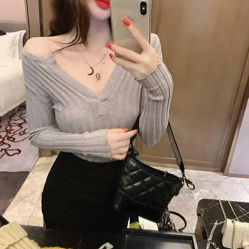 

Korean Slim Simplicity Sweaters Women Clothing Spring Autumn Long Sleeve Solid Sexy Pullovers Top Fashion Trend Women Clothing