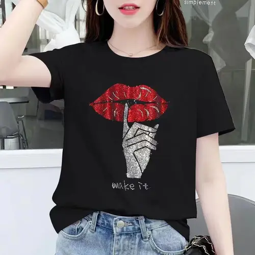 Tops de diamantes a la moda para mujer, jerséis lisos de verano, ropa negra de manga corta para mujer, camisetas que combinan con todo con cuello redondo 2024