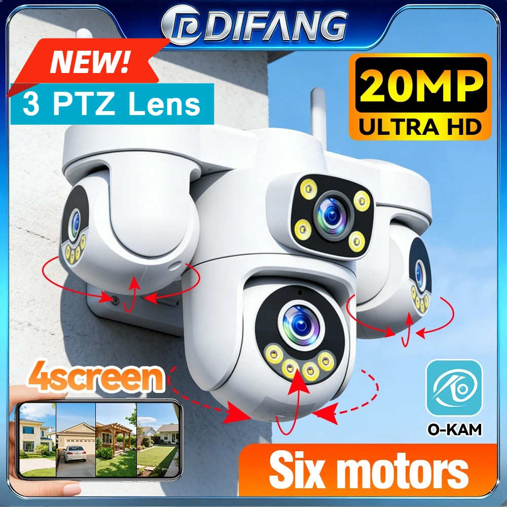 

DIFANG 10K 20MP WiFi Security Camera Outdoor Four Screen 3 PTZ Lens Wireless Surveillance 5X Zoom 6 Motors CCTV O-kam PTZ 360°