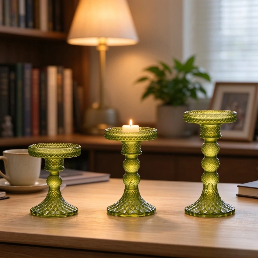 3Pcs Vintage Glass Taper Candle Holders Set Tall Candlestick Stand Table Centerpiece for Wedding Dinner Party Home Decoration