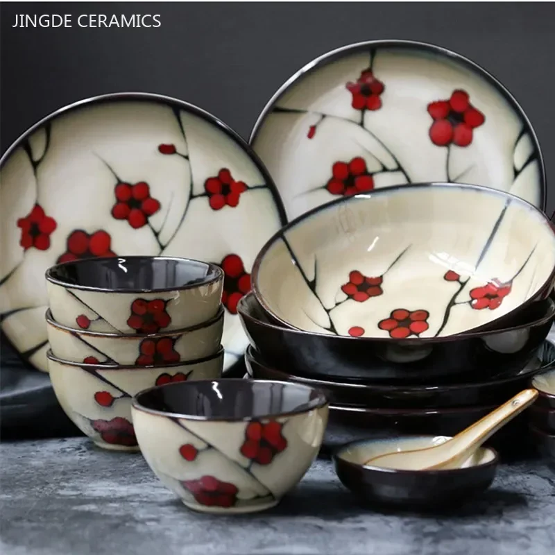 Japanese Ceramic Tableware Household Hand-painted Plum Blossom Ceramic Plate Rice Bowl Home Dinner Plates Kitchen Accessories