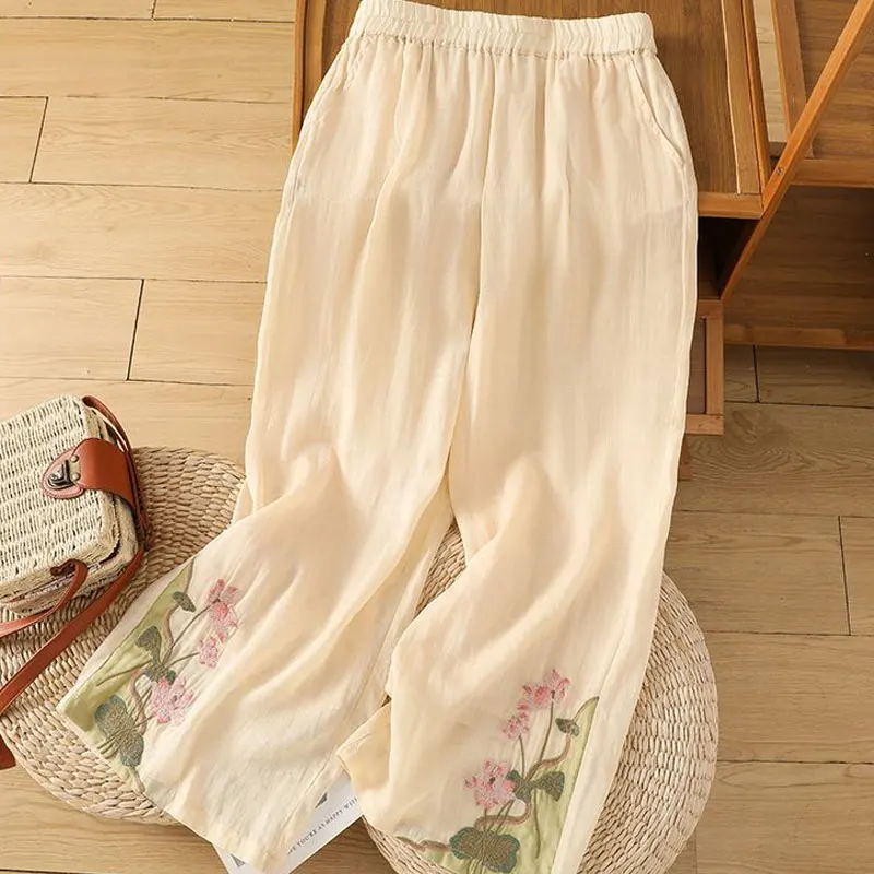 Casual Fashion Embroidery Folk Trousers Vintage Summer Wide Leg Loose Women's Clothing High Waist Elastic Basic Pockets Pants