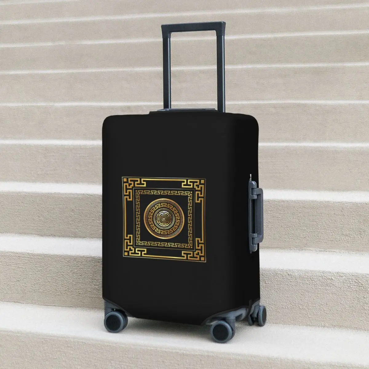 

Greek Key Meander Black Gold Large Suitcase Cover Protection Elastic Travel Luggage Protector Covers for 18-32 Inch