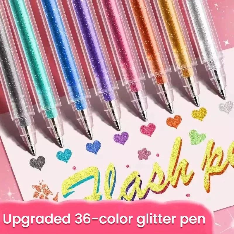 36-Pack of Glitter Gel Pens, Containing Flowing Sand, Sparkling Sequins, and Tiny Flashing Stars, Aurora Shimmer Highlighters Suitable for Painting and Doodling, It Can Also Be Used as a Watercolor Pen. Fine-Tipped Pens Are Perfect for DIY Photo Albums, Black Cards, Collages, and Crafts.