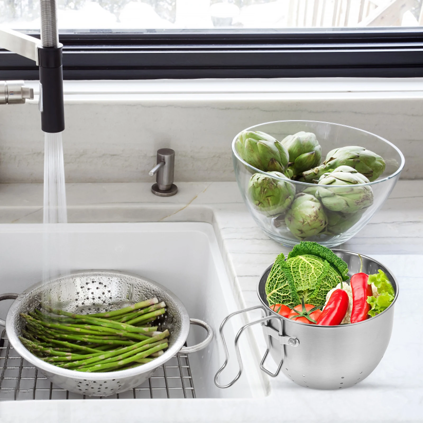 

Stainless Steel Sink Basket Draining Vegetable Washing Kitchen Colander Fruit Strainer Storage Practical Housewarming Gift Fits