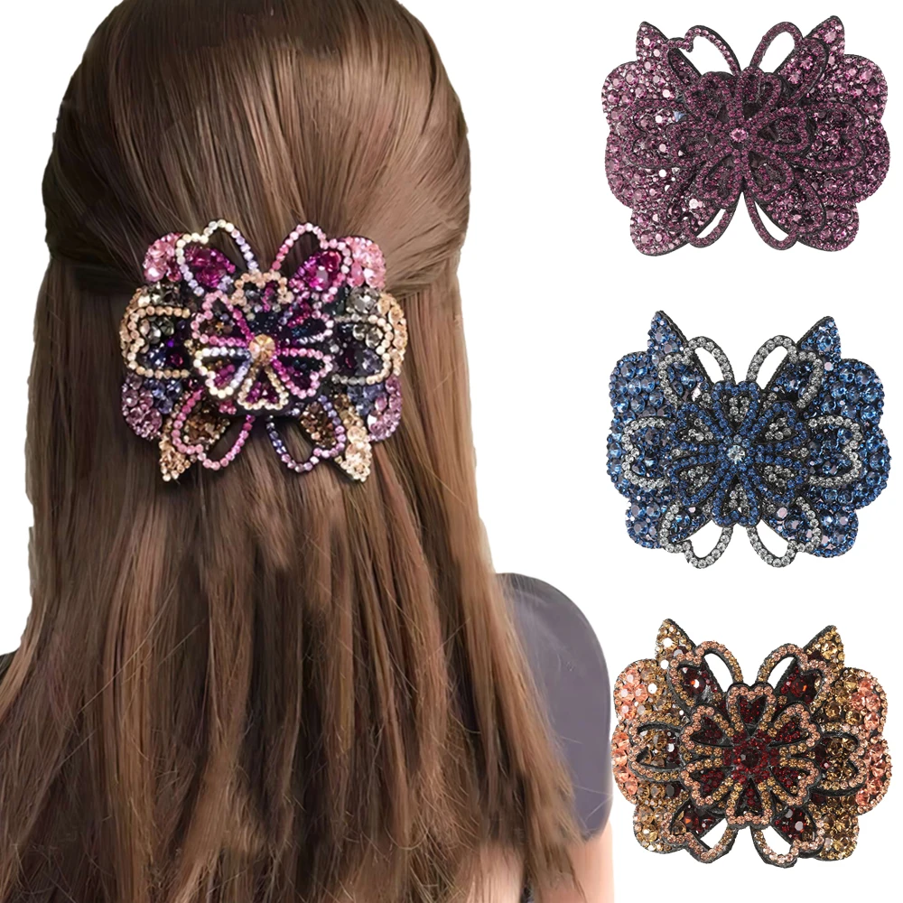 Haimeikang Rhinestone Lucky Flower Hair Clip Barrettes For Women Shiny Color Ponytail Barrette Fashion Girls Hair Accessories