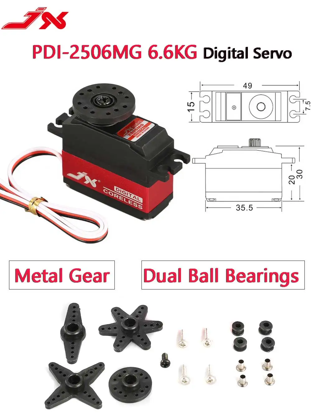 JX RC Servo PDI-2506MG 6.6KG Metal Gear Digital Coreless Motor Servos for RC Car 450 500 Helicopter Fixed Wing Airplane RC Parts
