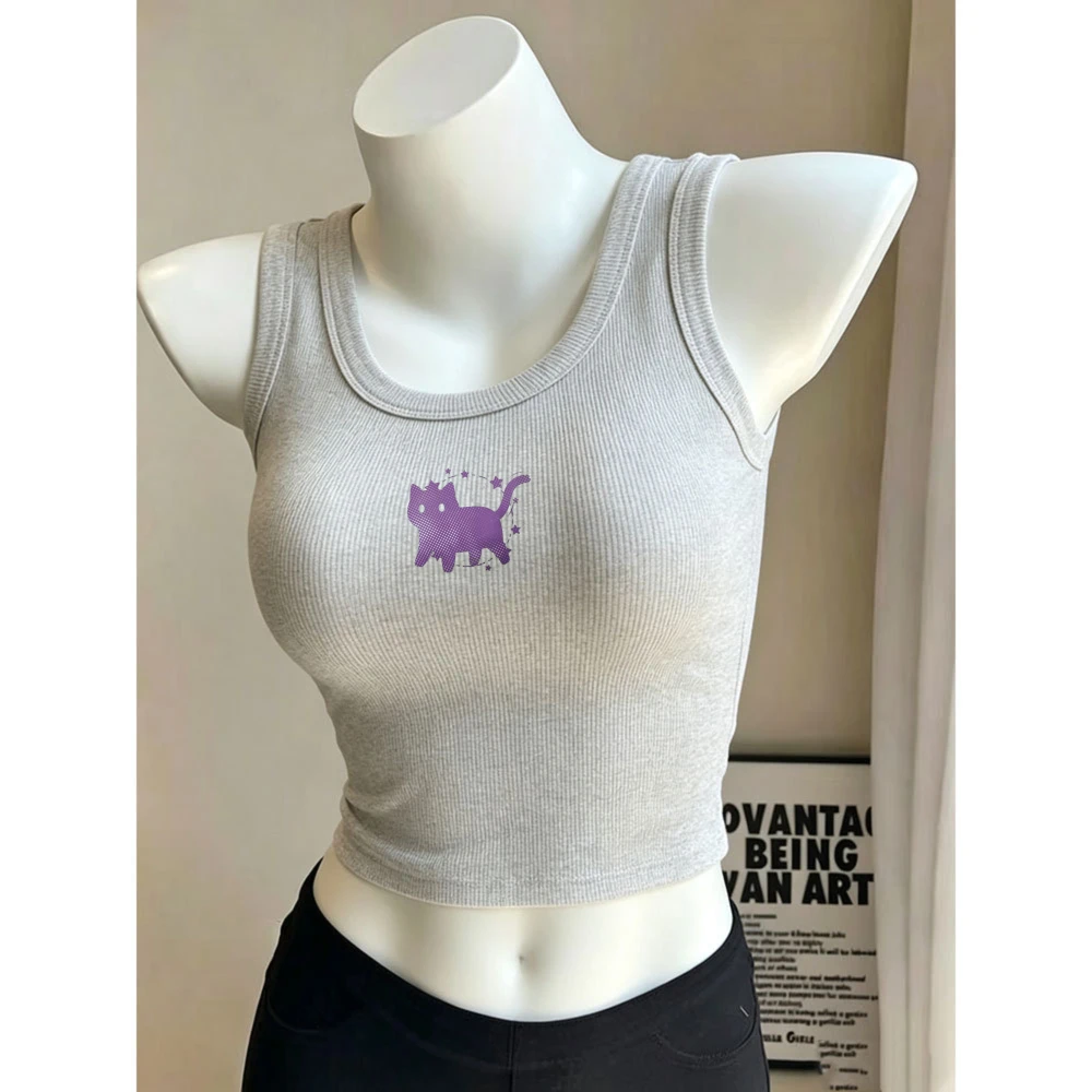 Purple Splash Ink Graffiti Cat Cartoon Camisole Ribbed Tank Top Crop Y2k Top Ladies Sleeveless Bodycon Cropped Vest Pet Lover