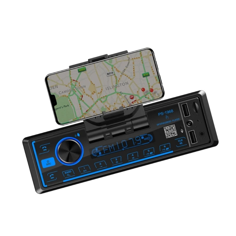 Wireless Car Stereo With Integrated Phone Holders, Push to Talk Assistant Multiple Color LCD, AM FM Radio, AUX USB Input