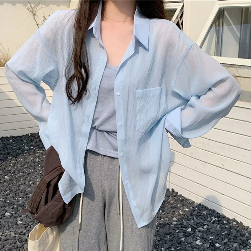 Xpqbb White Shirts for Women Summer Thin Holiday Beach Long Sleeve Sun Protection Blouse Korean Simple Loose Sunscreen Shirt