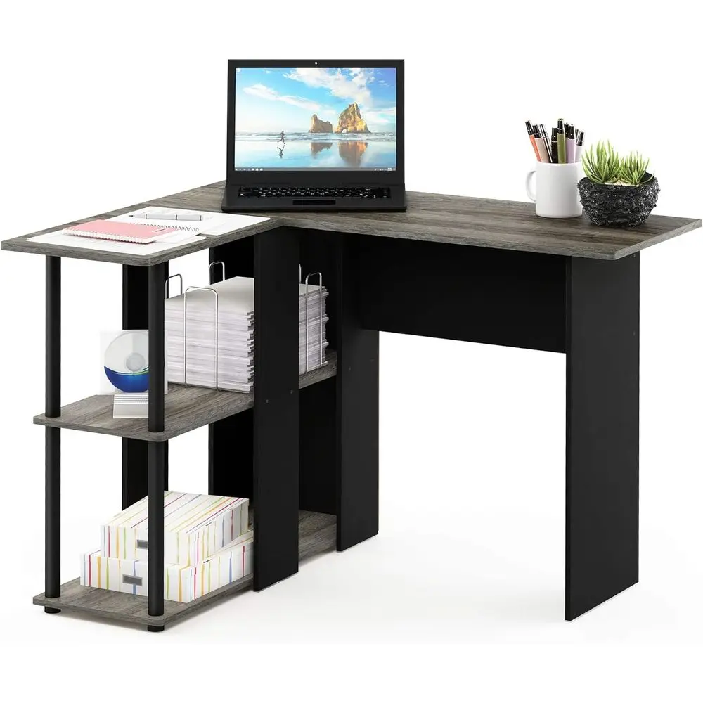 

L-образный компьютерный стол с книжной полкой, французский дуб серый/черный