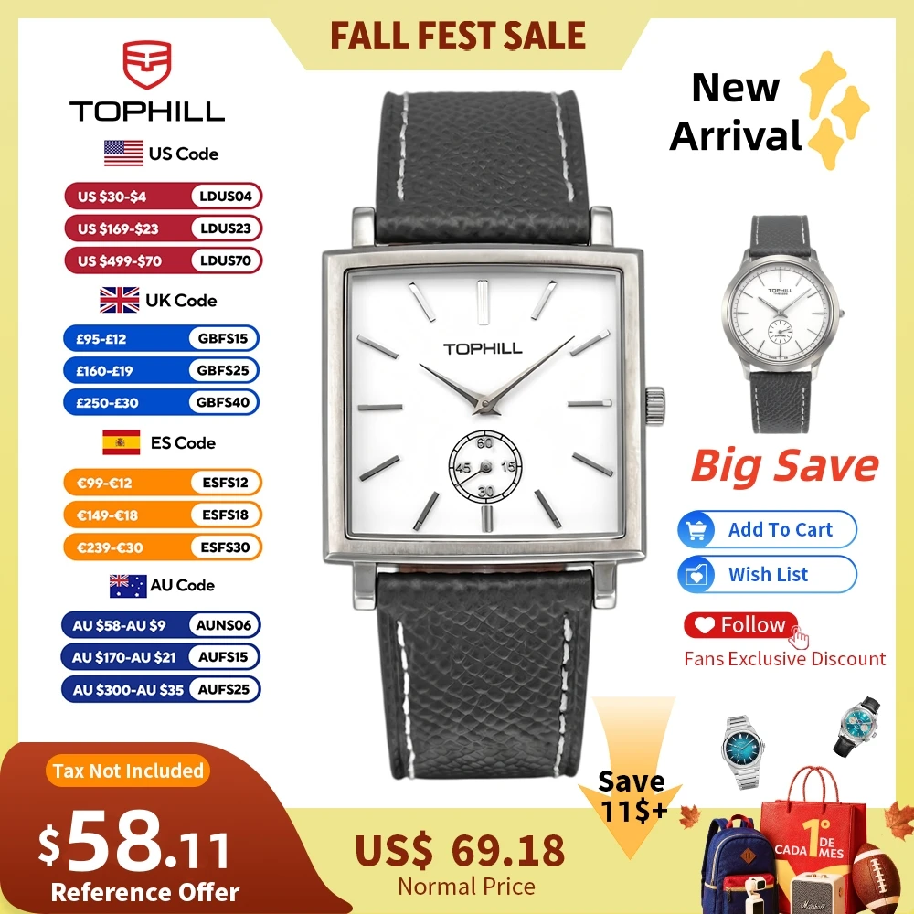 TOPHILL FangYuan 33/38,5mm Old Money Vintage Herrenuhr 1069 Quarz-Zeitmesser Quadratisch Rund Saphir 6H Hilfszifferblatt Elegant TW106/7G