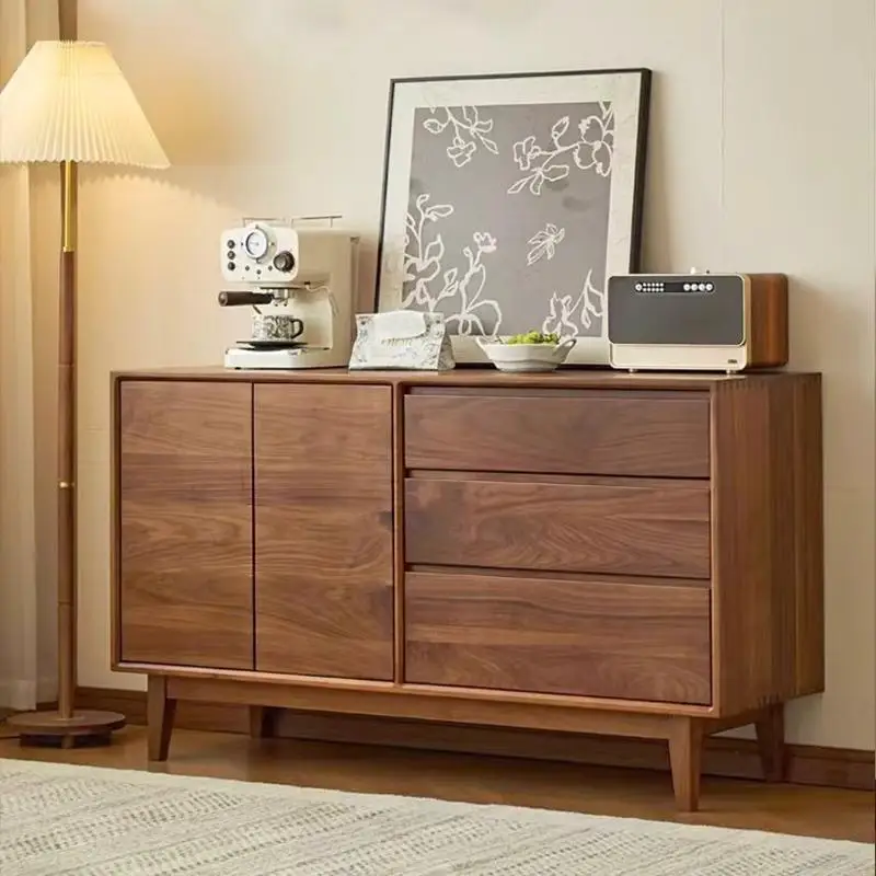 HHBlack Walnut Wood Sideboard Full Solid Wood Three-Drawer Cabinet Simple Double-Door Storage Cabinet