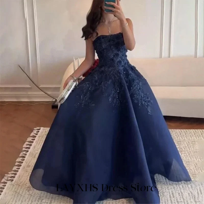 LAYXHS ciemnoniebieskie formalne suknie wieczorowe paski spaghetti linia A 3D aplikacja koronkowe suknie balowe dostosowane szaty de soirée