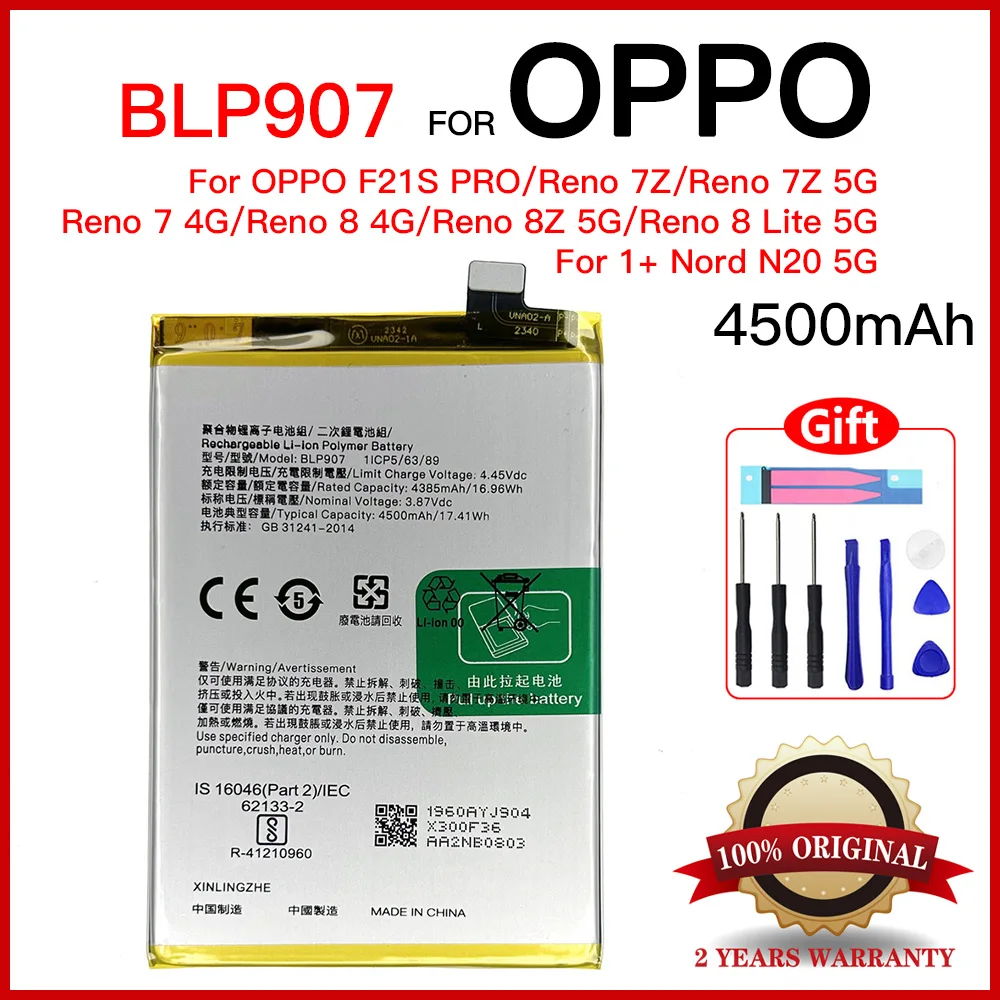 Genuine BLP907 5200mAh For OPPO A96 Reno 7Z 8Z 5G/7 8 4G Mobile phone Batteries+Tools