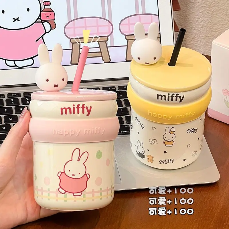 Taza Miffy con Tapa, Vaso de Cerámica con Pajita, para Uso Doméstico, para Parejas, Bonita, Souvenir, Taza de Café, Linda, Kawaii 2026