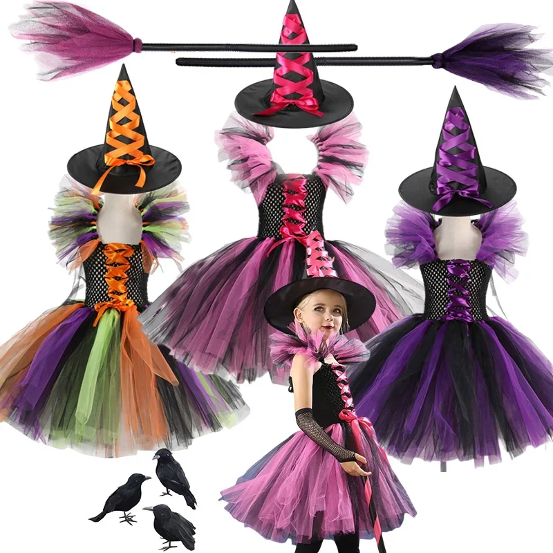 

Halloween Mesh Witch Hat Costume for Girls Fancy Black Tutu Handmade Dress Kids Role Play Demon Queen Carnival Party Outifts