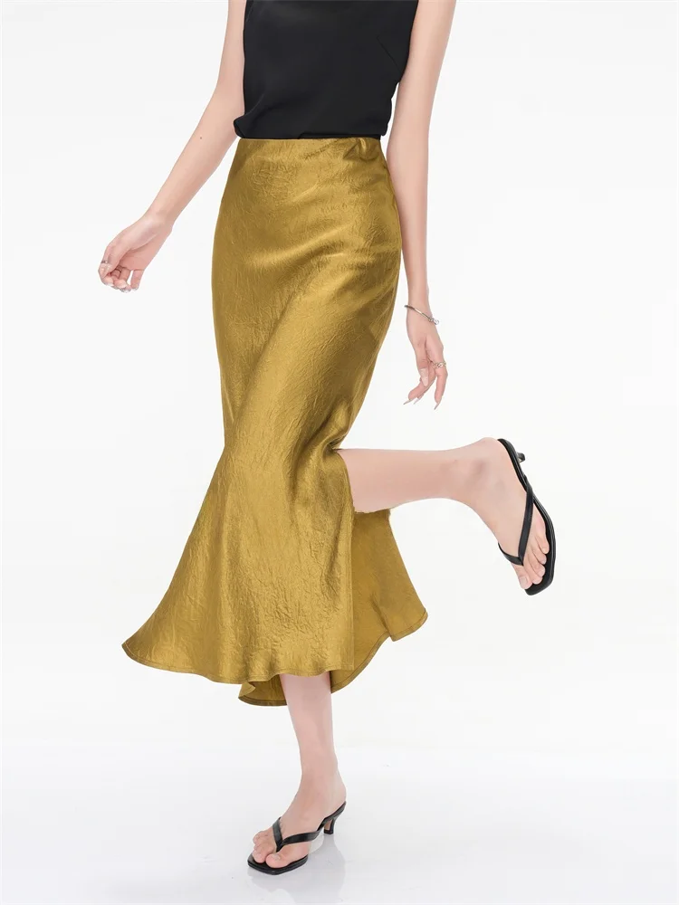 

Gold Foil Acetate Satin Half Skirt Silky Glossy Folded Draping Slim Elastic Waist Fish Tail Medium Length Women's Skirt