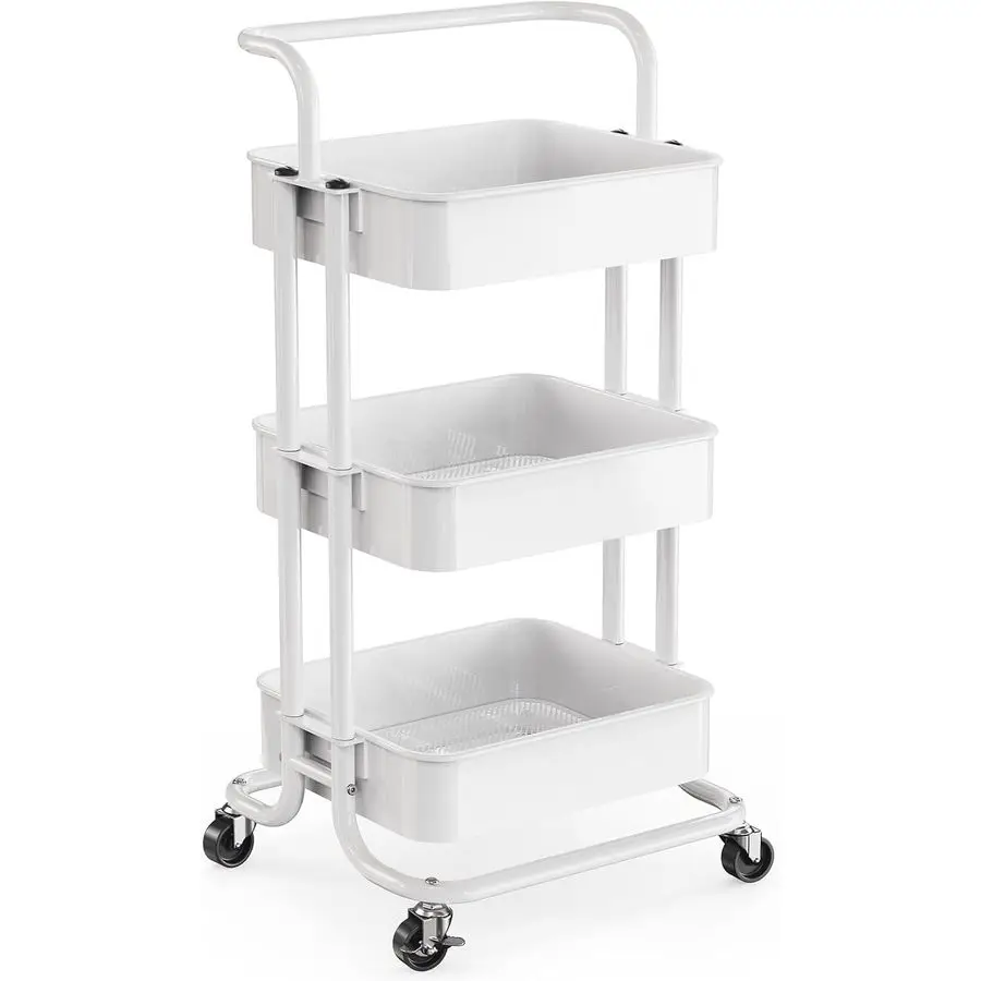 

3 Tier Mesh Utility Cart, Rolling Metal Organization Cart with Handle and Lockable Wheels, Multifunctional Storage Shelves for K