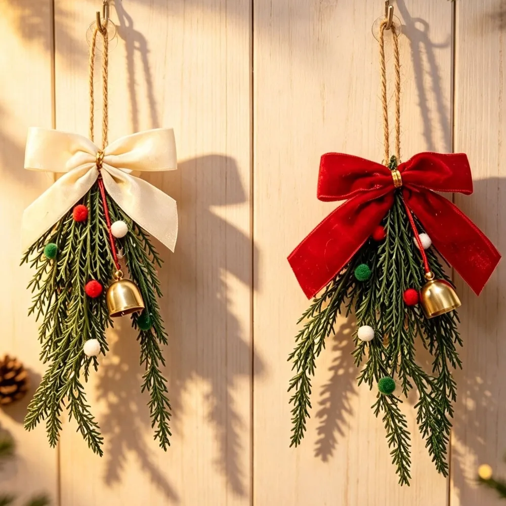 Christmas Pine Needle Hanging Ornament Bow Bell Pendant for Xmas Door Wall Home DIY Craft Decor Wind Chimes Hanging Decorations