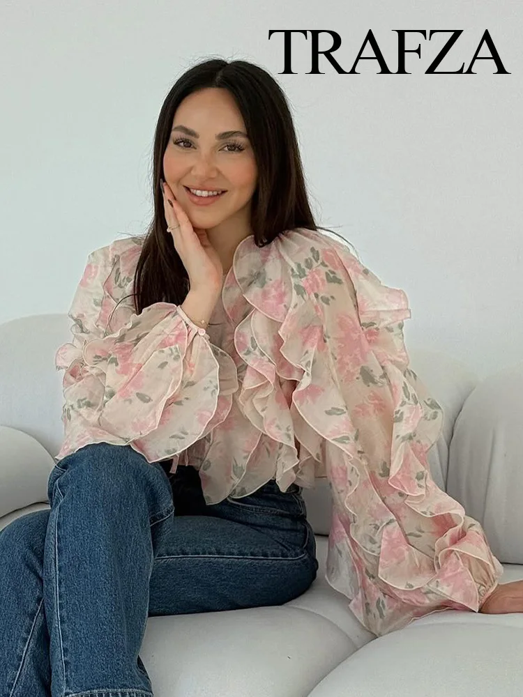TRAFZA Woman Summer Loose Lace-up Laminated Decoration Shirts Top Female Temperament Lotus Leaf Long Sleeves Printed Blouses