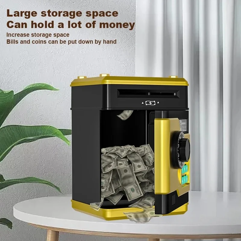 13.5x12.3x19cm Gold/Black/Pink/Blue ABS Coins And Bills Bank Safe with ATM Function Automatic Rotation Banknote Storage Tank