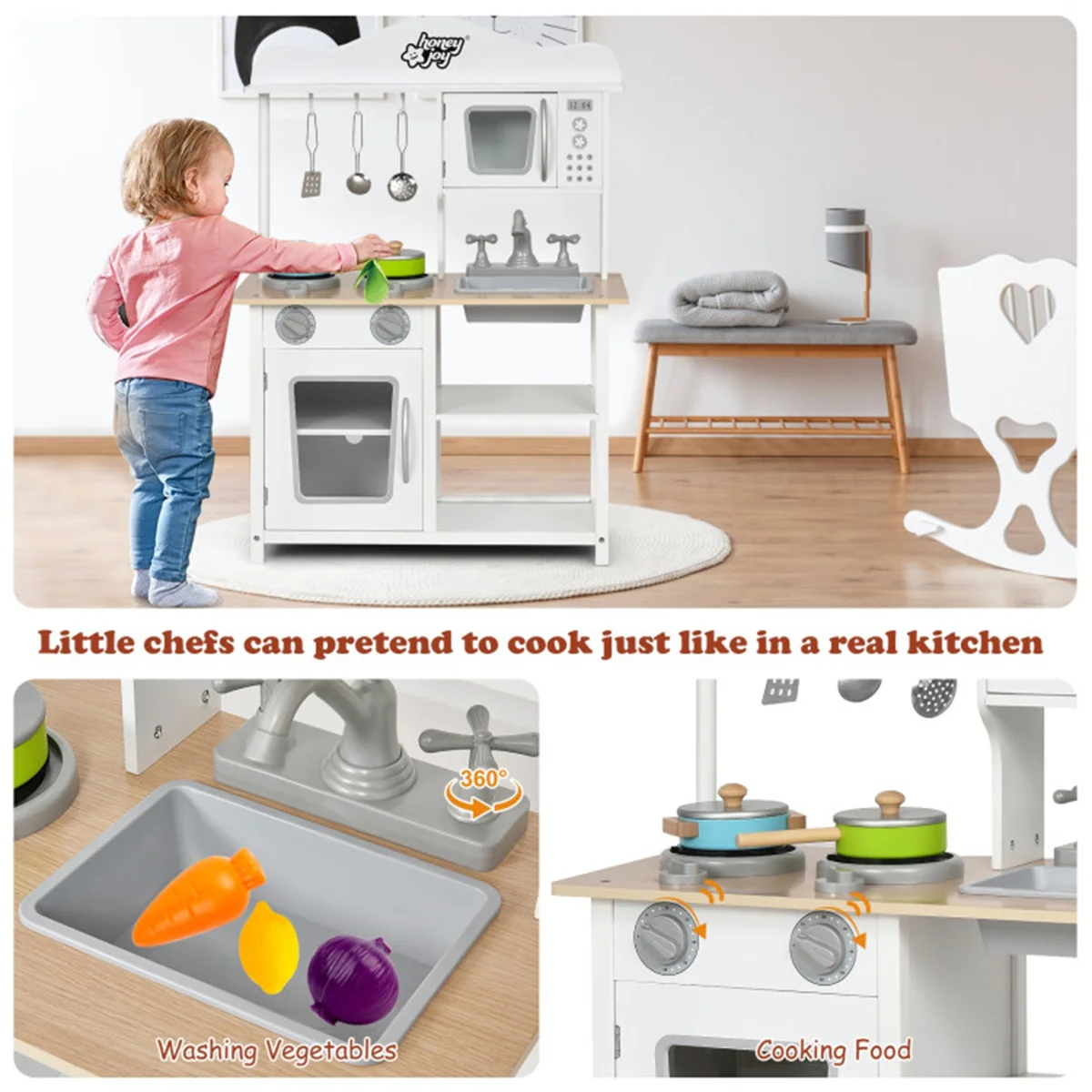 White Wooden Pretend Play Kitchen Set with Accessories and Sink，Gift for 3-6 Years Old