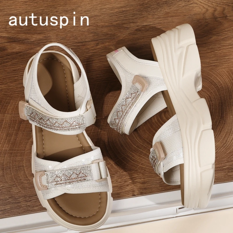 Autuspin Genuine Leather Roman Sandals for Ladies Outdoor Fashion Leisure Thick Platform Shoes Women Summer Rhinestone Sandal