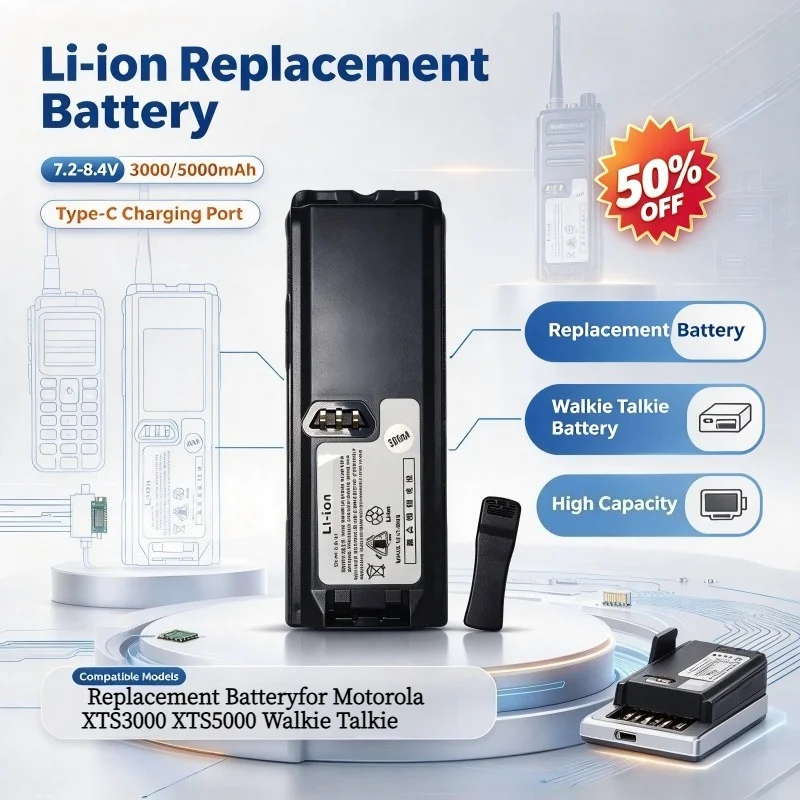 7.2-8.4V 3000/5000mAh Li-ion Replacement Battery with Type-C Charging Port for Motorola XTS3000 XTS5000 Walkie Talkie