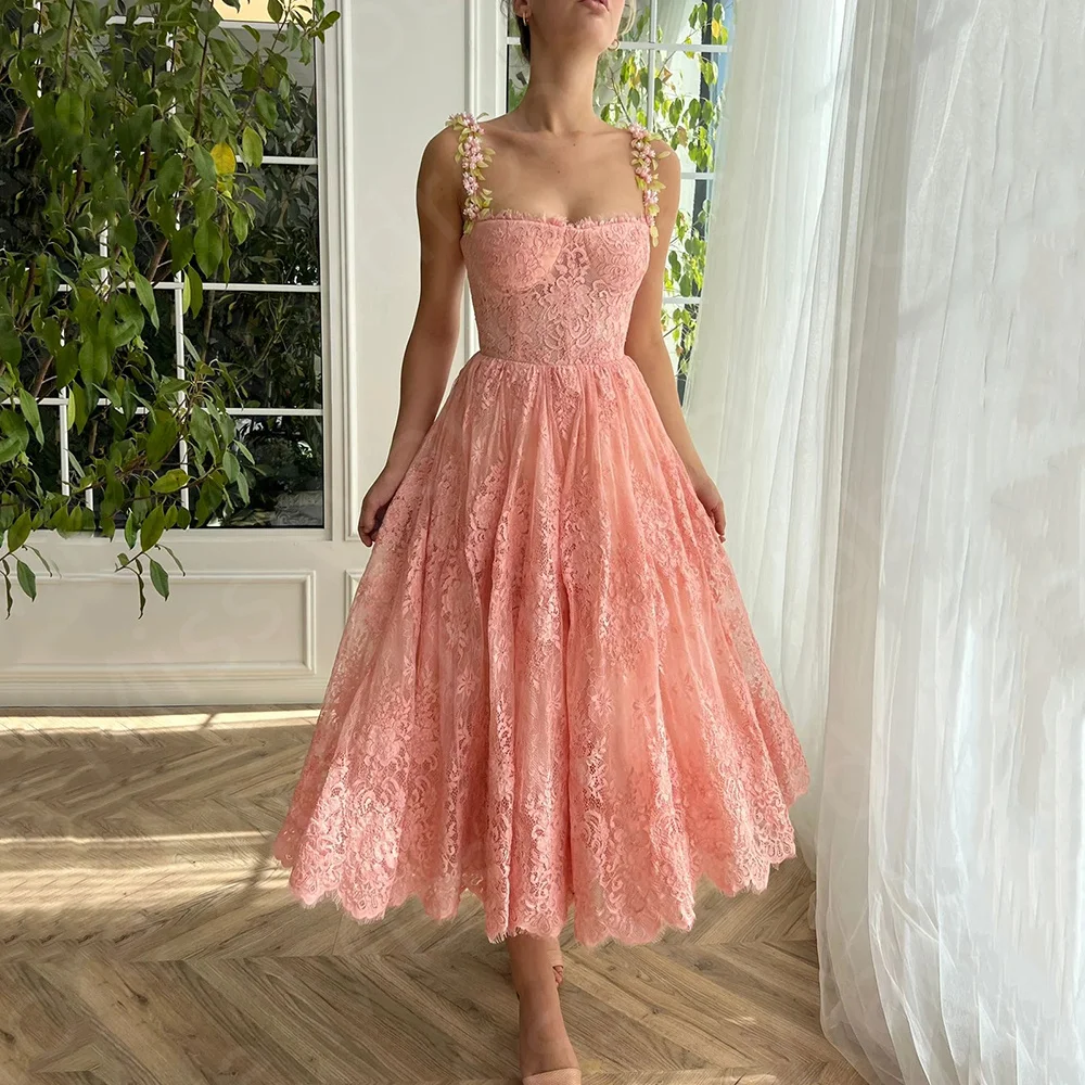 Wholesale Pink Lace Prom Dresses Short Wedding Party Dresses Mid Calf Length Sweetheart with Straps Evening Gowns 2024 On Sale