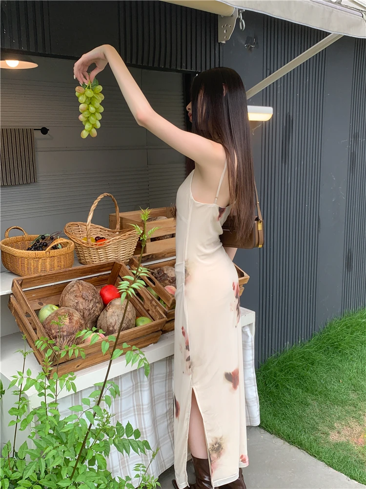 CHEERART Cowls Floral Beige Backless Long Dress For Women 2023 Summer Vacation Outfits Casual Slip Midi Dress Holiday Clothes