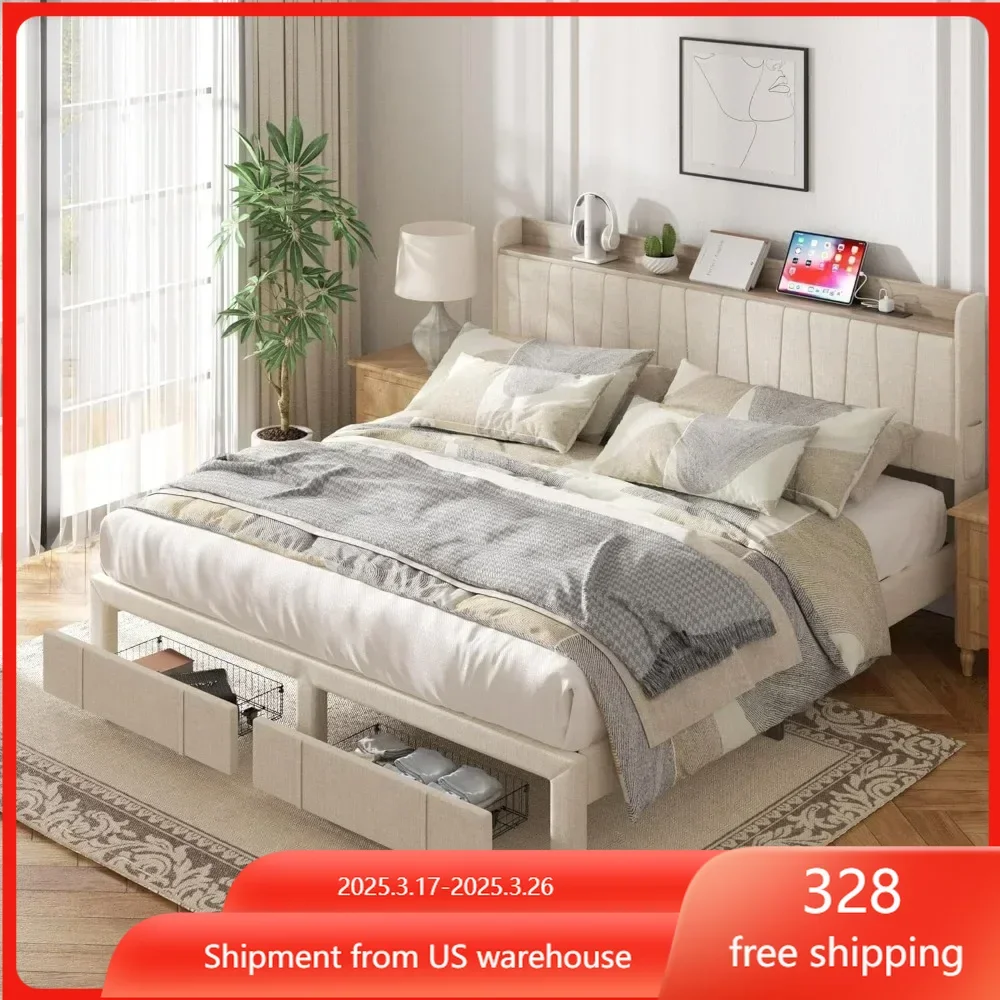 Bed Frame,Upholstered Platform Bed with Storage Drawers No Box Spring Needed Headboard and Charging Station bedstead