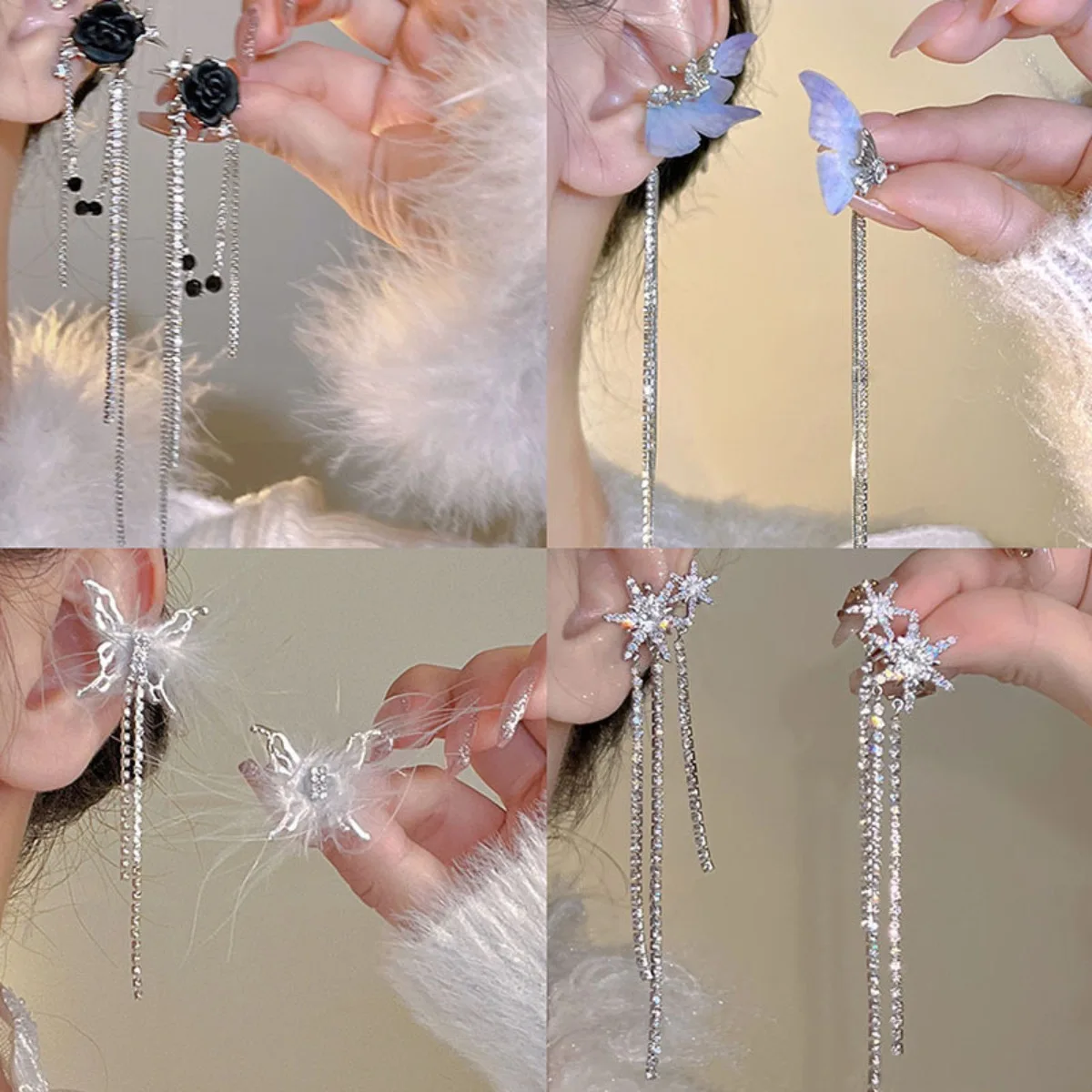 Brincos completos de zircão para mulheres, joias brilhantes, borla borboleta, forma de flor, acessórios sensuais, moda coreana, luxo, novidade